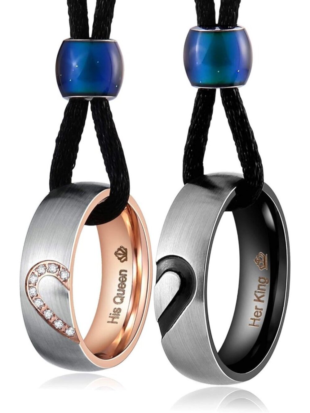 Matching Couple Necklaces Set - Stainless Steel Heart Pendant Rings for Him